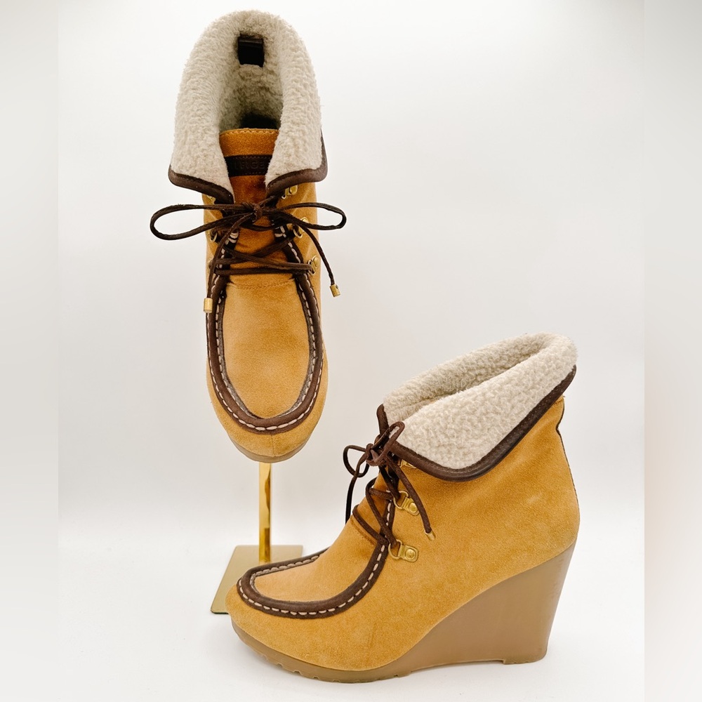 TOMMY HILFIGER Tan Suede Lace-Up Wedge ‘Zaria’ Booties | Size 6.5